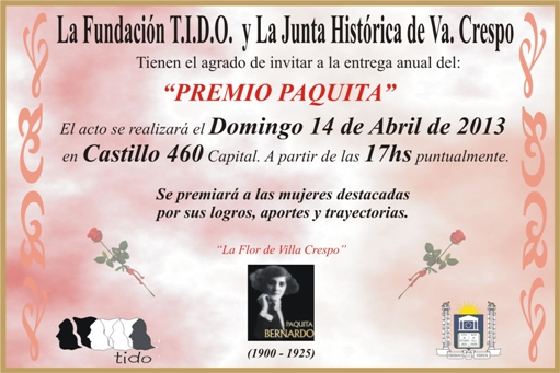 Invitacin premiacin a mujeres: Premio Paquita Bernardo.